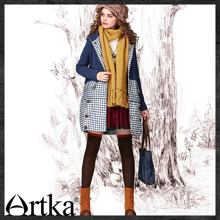 Распродажа ARTKA зимнее женское винтажное клетчатое стеганое однобортное длинное плотное пальто с капюшоном парка MA11047D