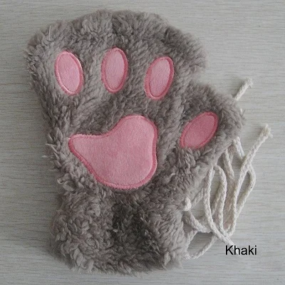 Женские зимние теплые перчатки с кошачьими лапами, перчатки без пальцев, пушистый медведь, кошка, плюшевые лапы для девочек, косплей перчатки, 1 пара - Цвет: Khaki