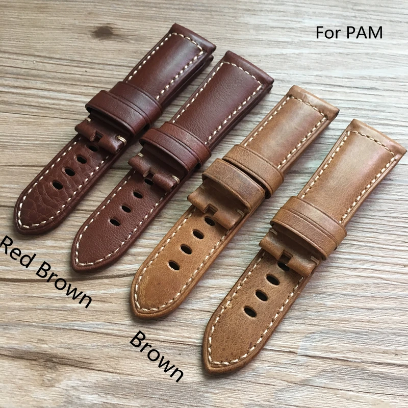 

TJP Top Quality 24mm 26mm Red Brown Vintage Italy Calf Leather Strap Watchband Replace PAM PAM111 PAM441 Wristband With Word