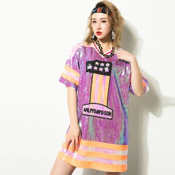 

Fashion Dance Crew Training Uniform Sequins Beading Tees Girls Street Wear Loose Charming T Shirt Lover Cheerleader