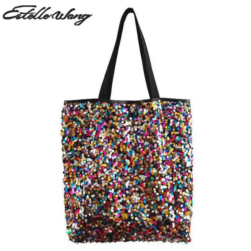 

Estelle Wang Casual Tote Fashion Women Large Capacity Shoulder Bags Color Rainbow Shiny Sequins Shopping Bag Bolsas Feminina