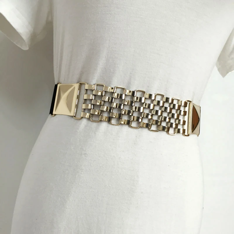 Модные Повседневное эластичная ремни Для женщин металлический Плетеный эластичные ремни для женские узкие Широкие пояса Элегантный Панк