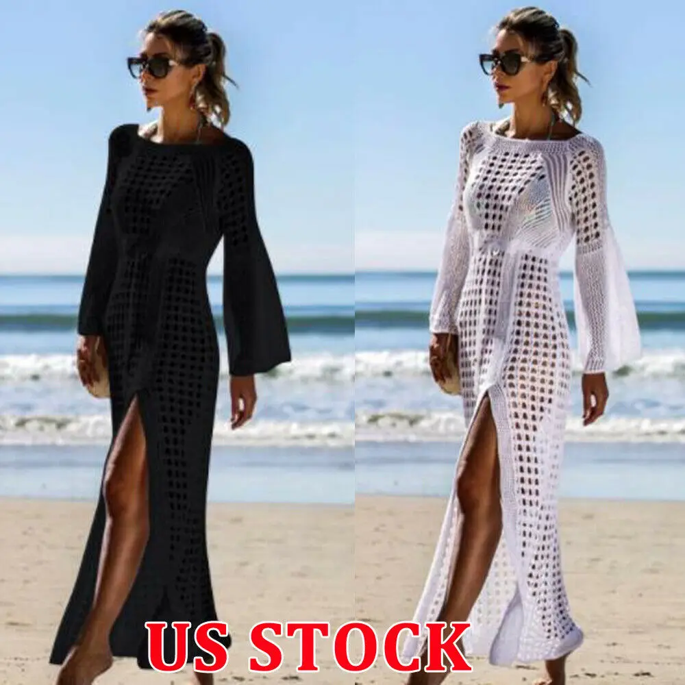 

Summer Sexy Women O Neck Long Loose Sleeve Black White Knitted Crochet Bikini Cover Up Long Beach Dress Tunic Beachwear