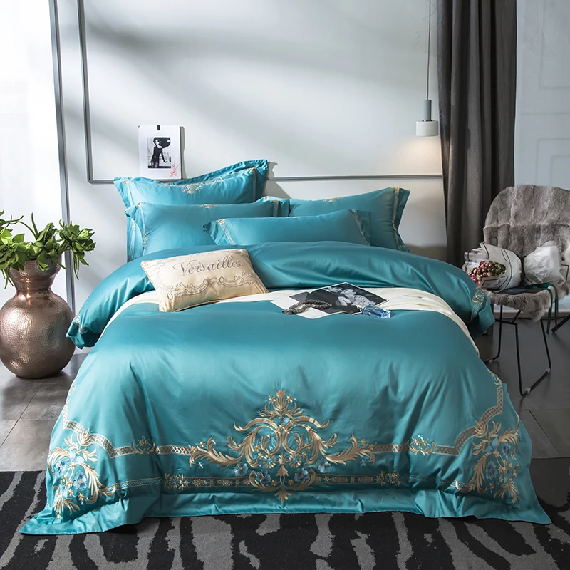 

100% egyptian Cotton Queen King Size green gray Bedding Set Embroidery Bed Sheet Pillowcase and Duvet Cover Sets Bedlinen set