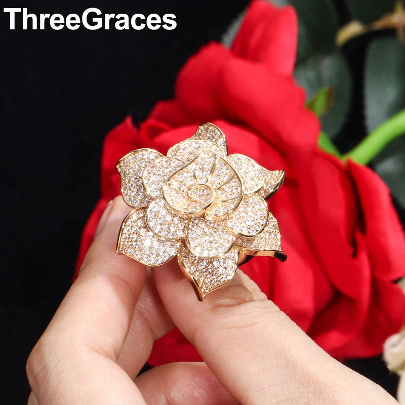 

ThreeGraces 3D Geometric Cubic Zirconia Jewelry Yellow Gold Big Statement Flower Heart Rings for Women Anniversary Gift RG096