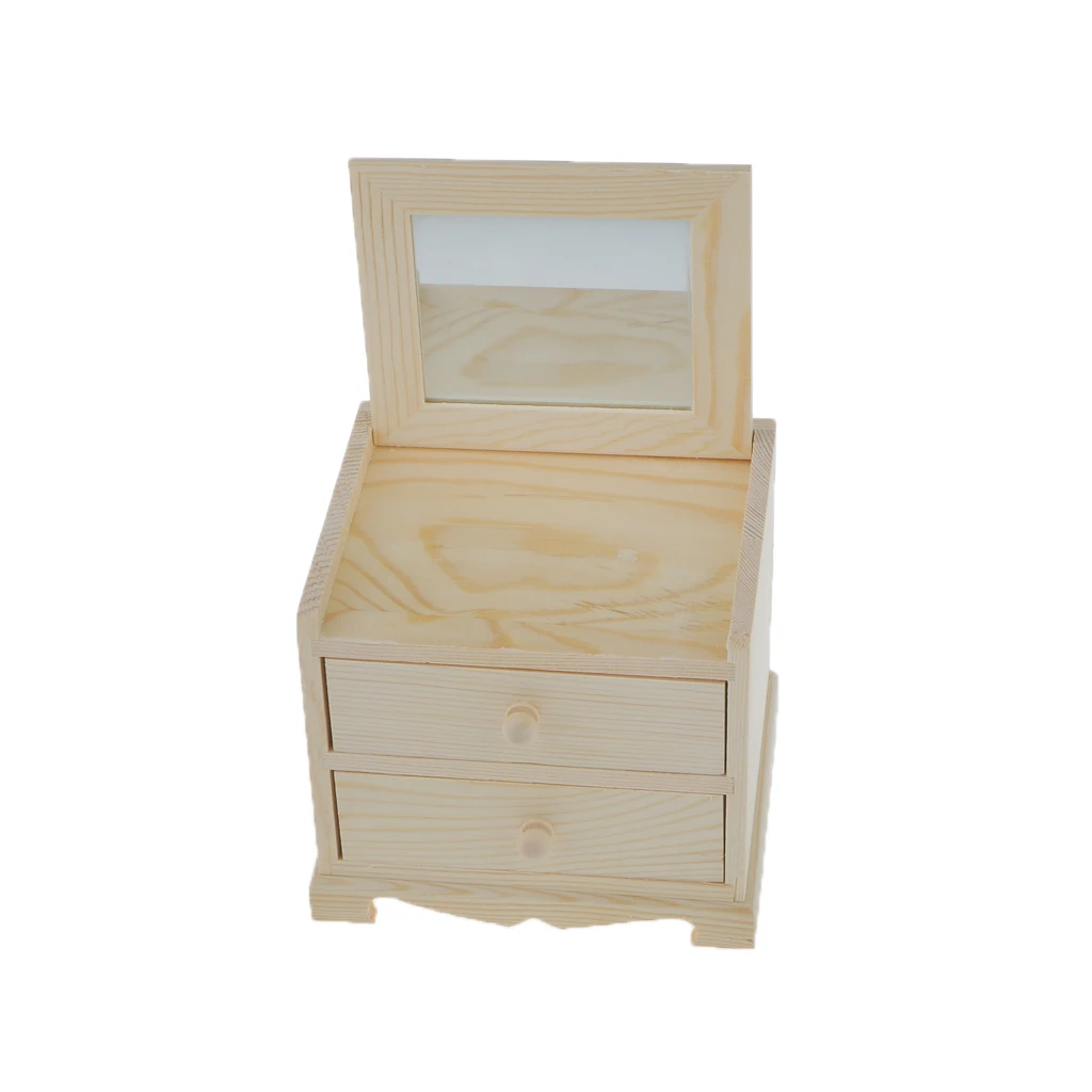 Phenovo Unfinished Wooden Jewelry Storage Box 2 Drawers with Mirror for Arts Crafts Necklace Bracelet Bangle Earrings Charms