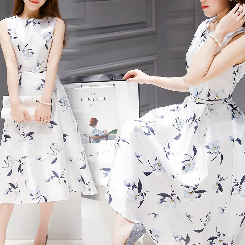 

Summer New Print In The Long Paragraph Sleeveless Dress Waist Was Thin A Word Dress