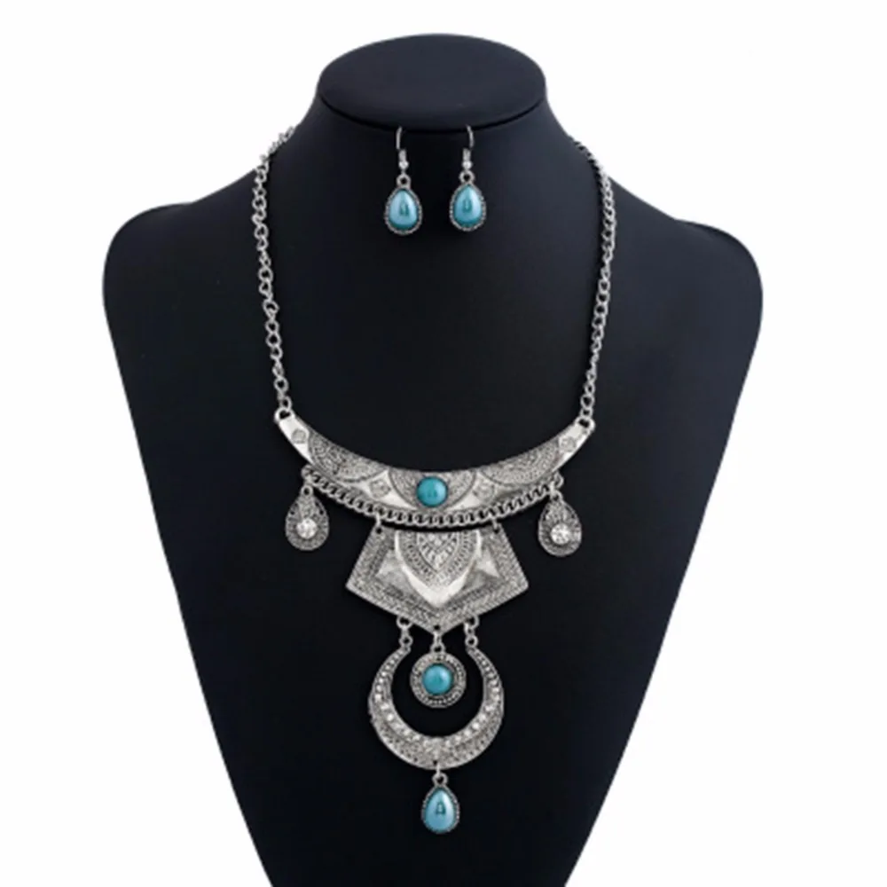 Vintage Blue Stone Pendant Necklace Earrings Jewelry Sets for Women ...
