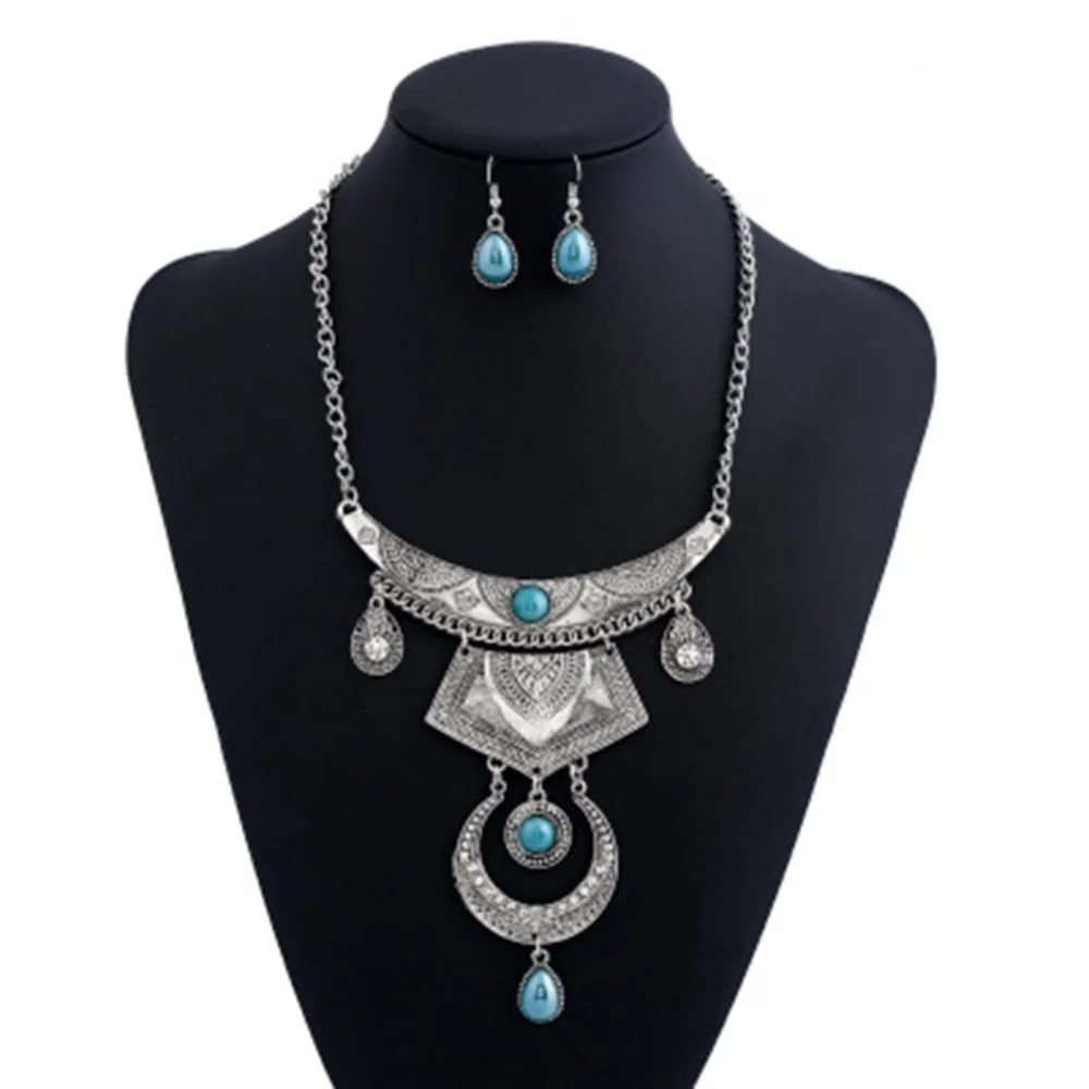 Vintage Blue Stone Pendant Necklace Earrings Jewelry Sets for Women