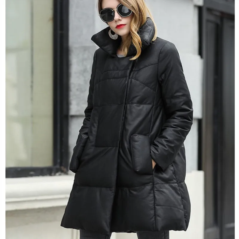 Genuine Leather Down Coat Winter Women Fashion Bread collar Sheepskin Coat Loose Thickened Long Warm Jackets