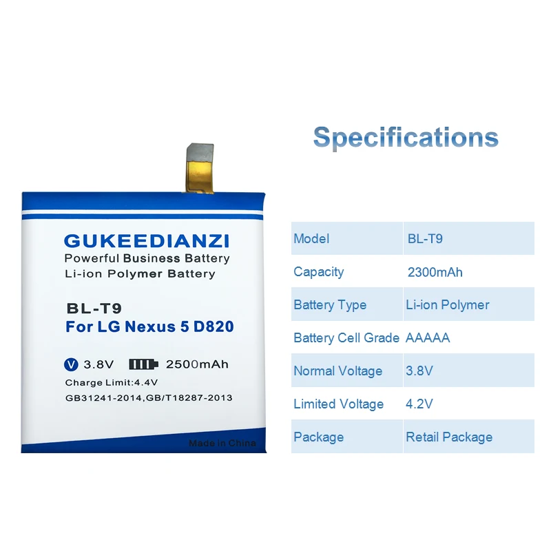 

GUKEEDIANZI BL-T9 2500mAh Replacement Mobil Phone Battery For LG Google Nexus 5 / Nexus G E980 D820 D821 Megalodon D8 Batteries