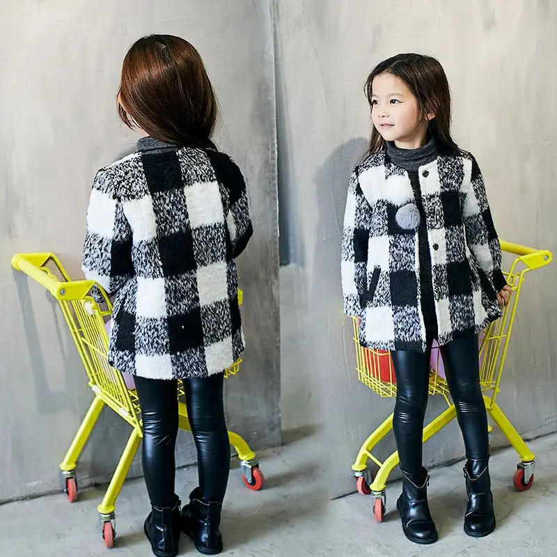 Kids Todderl Girls Checkered Plaid Pompoms Coat Children Jacket Baby