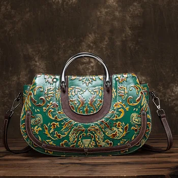 

New Embossed Handbags Top Layer Cowhide Ladies Shoulder Bag Fashion Retro Craft Color Handbag