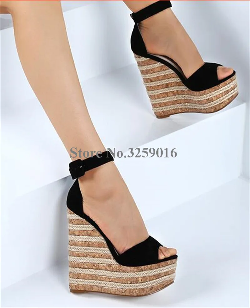 

Summer Newest Open Toe Suede Leather Ankle Strap High Platform Straw Heel Wedge Sandals Stripe Bottom Height Increased Sandals