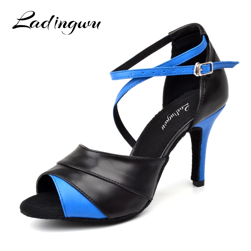 preço Ladingwu Novos Sapatos de Dança Latina Sapatos de Dança Salsa Mulher Vermelho Azul Sandálias Fundo Macio Sapatos De Dança de Salão de Dança de couro Artificial
