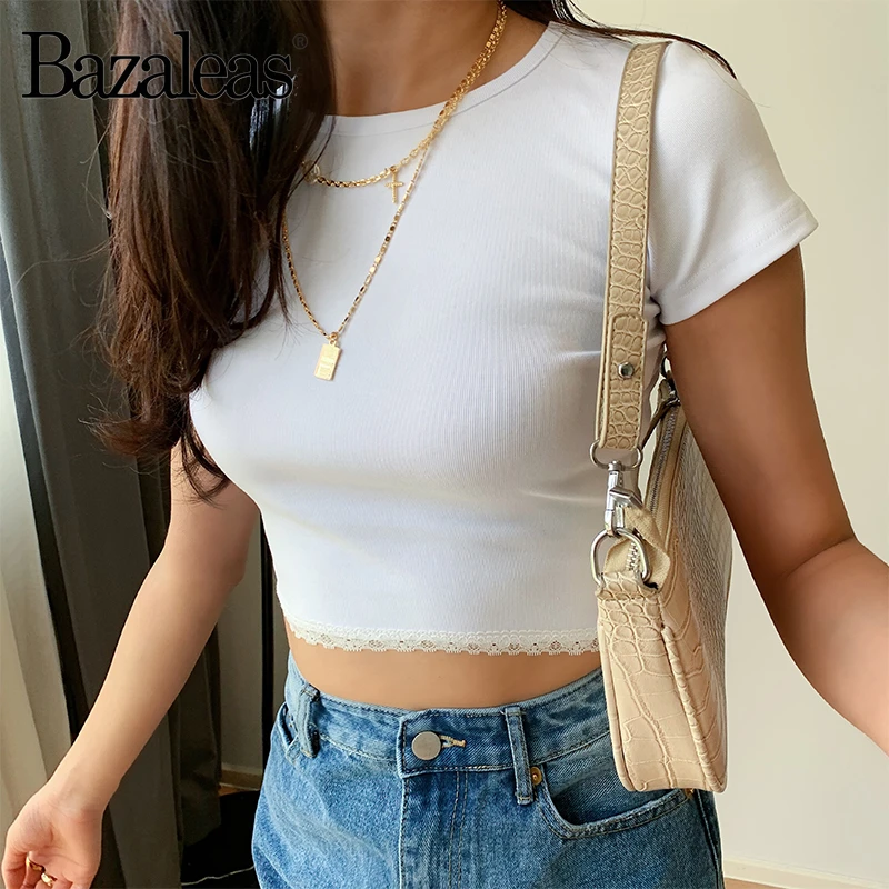 

Bazaleas Vintage Lace Patchwork womens crop tops All Match cropped Women T-shirt Fashion Basic tshirt Casual Women T shirt