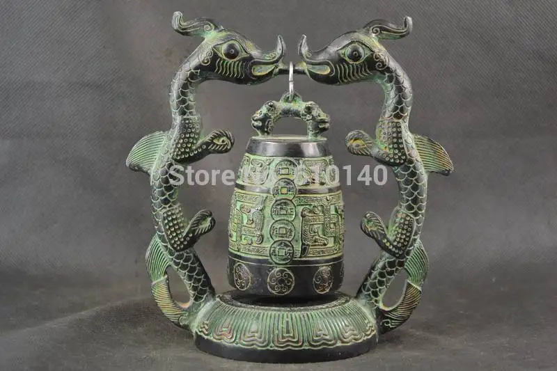 

China Decorated Handwork Bronze Carving Pair Dragon & C0in Rare Big bell