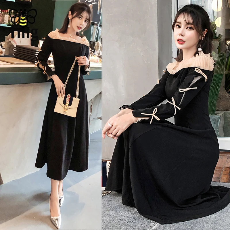 

Tingfly Vintage Elegant Style Sashes Neck Lace Patchwork Midi Long Dress Slimming Black Party Dresses Spring Autumn Vestidos XL