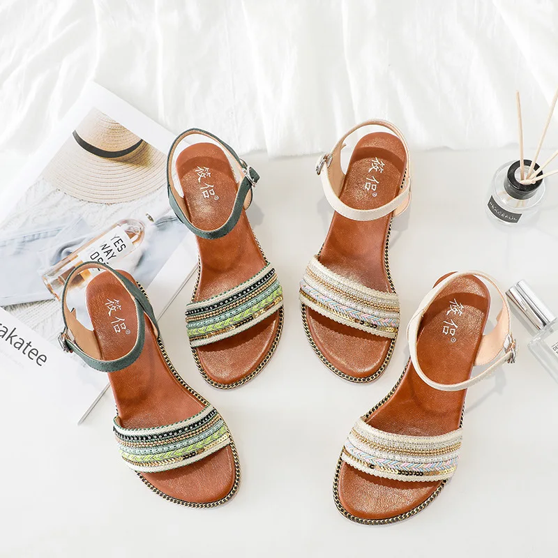 

2019 summer new style simple and simple color wedge sandals women's comfortable wild sequins decorative casual sandals