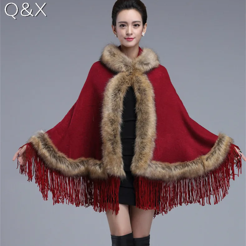 

SC62 2017 Winter Warm Fake Fur Long Knitted Tassels Poncho Autumn Cashmere Sweater Women European Red Cardigan Coat With Hat