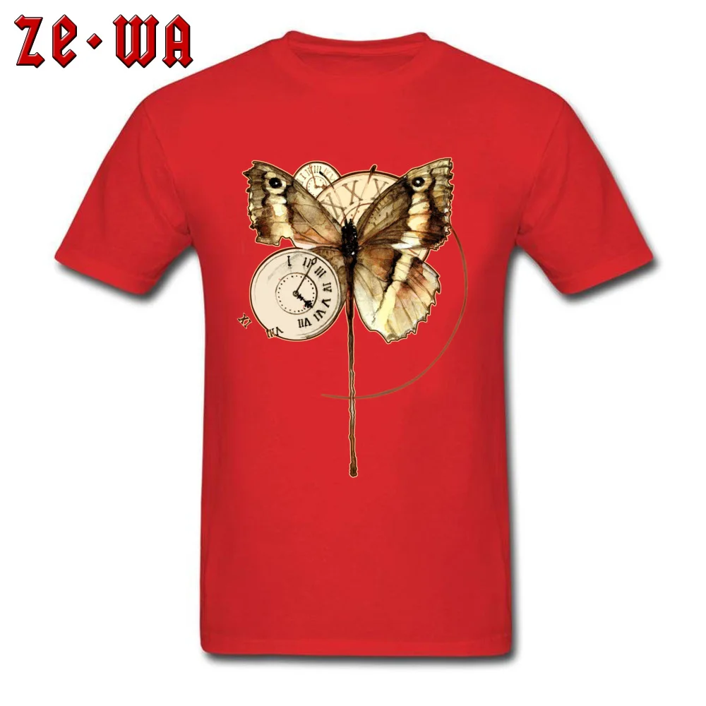 Party Butterfly clocks Men`s Tshirts Graphic Lovers Day Short Sleeve Round Collar 100% Cotton Tops & Tees Casual T-shirts Butterfly clocks red