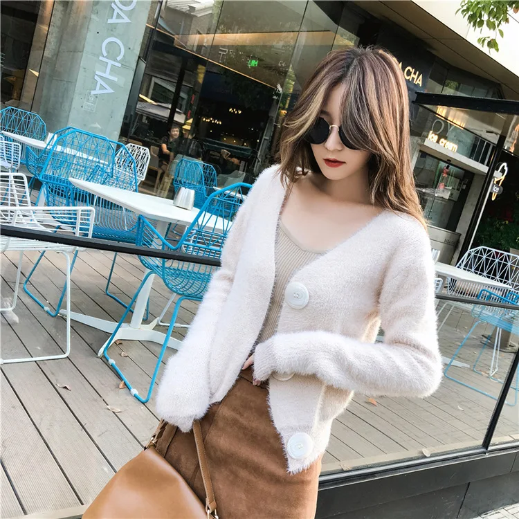 DANJEANER Korean Style Women Solid Mohair Short Cardigan Autumn Winter Warm Fashion V Neck Knitted Sweaters Pull Femmee Jackets