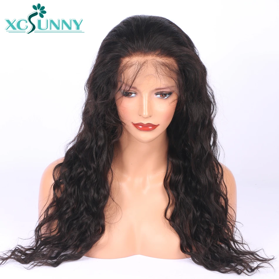 Предварительно сорванные бесклеевые полностью кружевные человеческие волосы парики с волосами младенца натуральные черные индийские волосы remy для женщин Волнистые 130 Плотность xc sunny