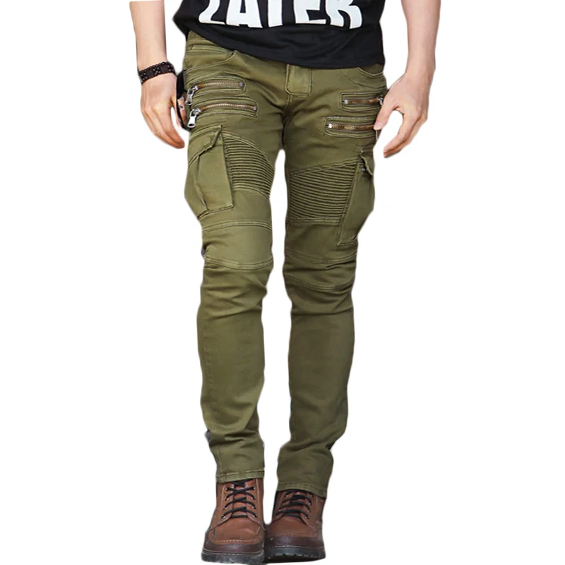 Moto biker slim fit denim jean fake zippers elastic fiber wear proof wild pencil pant retro streetwear army green trousers CK12 Moto biker slim fit denim jean fake zippers elastic fiber wear proof wild pencil pant retro streetwear army green trousers CK12