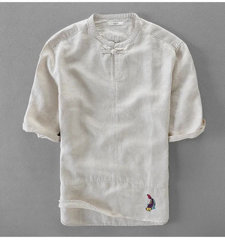 Уникальный летняя рубашка мужская чистое белье мужские рубашки 100% лен футболка для мальчиков с коротким рукавом вышивка рубашки человек