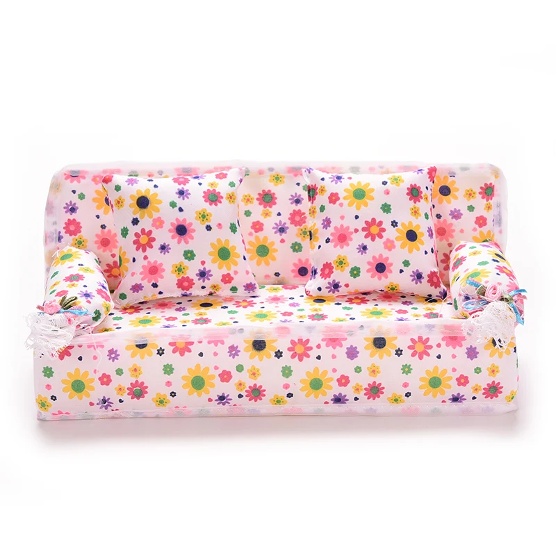 Мини-диван, игровая игрушка, цветочный принт, кукольный домик, мебель, цветок, мягкий диван, диван с 2 подушками для кукольного дома, аксессуары