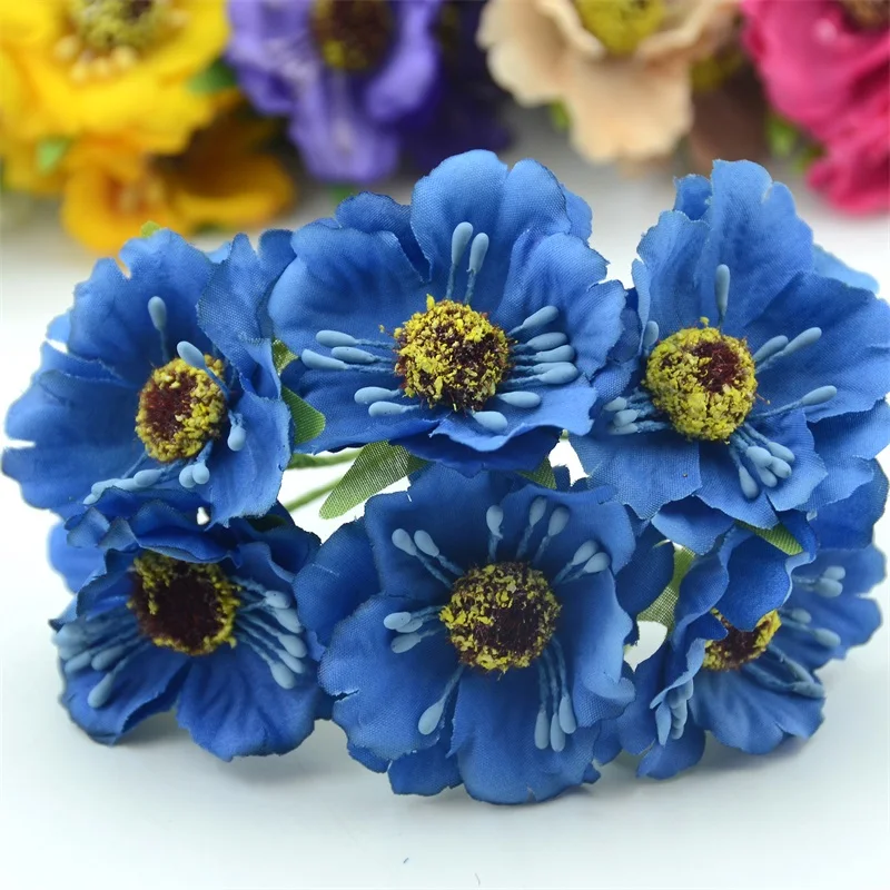6 шт./лот, искусственный Маковый букет высокого качества с настоящим прикосновением, шелковые розы для свадьбы, украшения свадебного венка DIY - Цвет: Royal blue