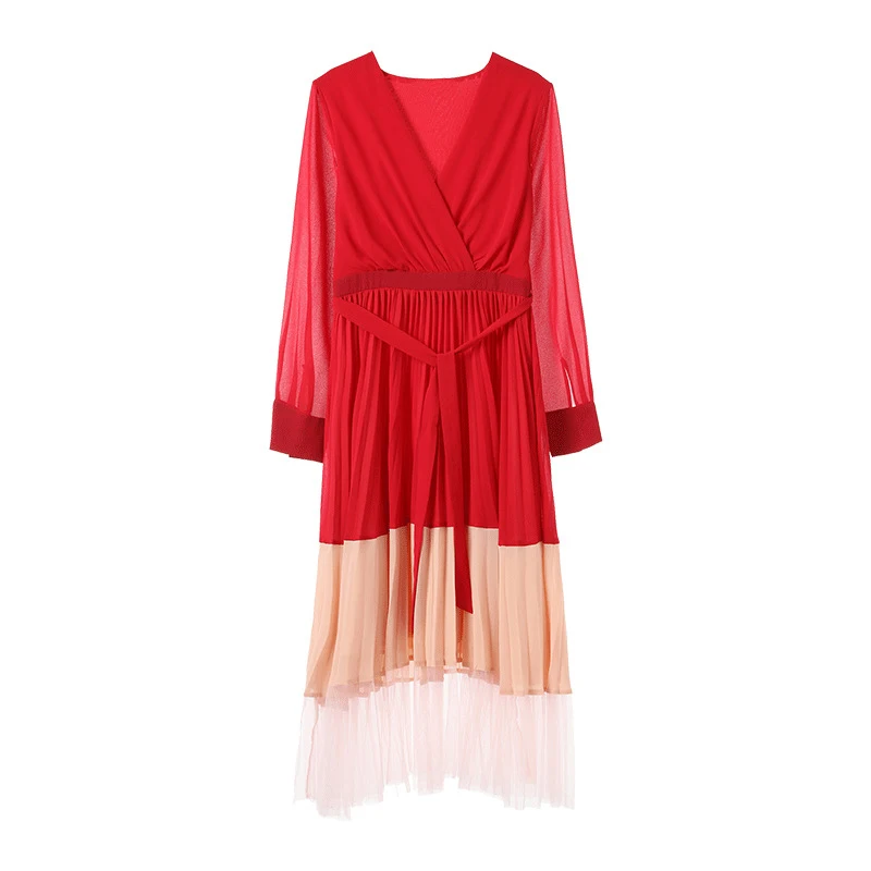 Модное контрастное красное платье с v-образным вырезом, ТРАПЕЦИЕВИДНОЕ женское платье с оборками, элегантное осенне-зимнее Дамское Платье для вечеринок