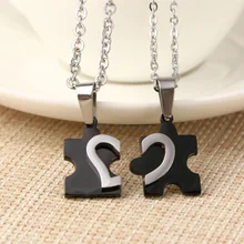 

Black Stainless Steel Couples Love Heart Puzzle Pendant Necklace Ball Bead Chain