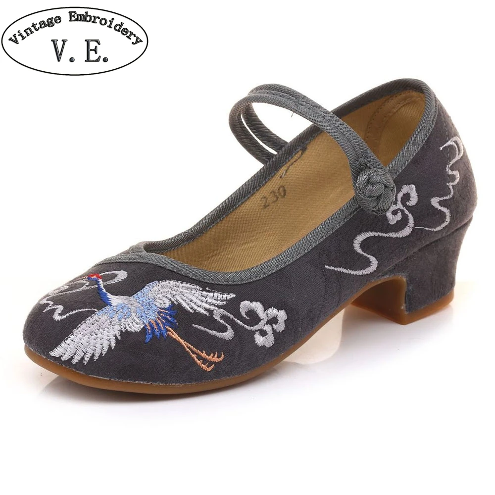 Crane Embroidered Women Pump Shoes Cotton Flock Fabric Low Block Heels