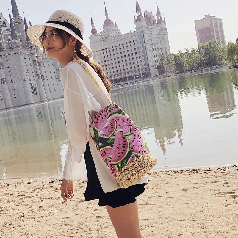 Fashion 2018 New Internet Red Recommended Korean Watermelon Bag Summer Weaving Straw Holiday Bucket Women | Багаж и сумки