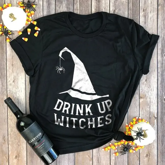 Drink Up Witches T Shirt for Women Halloween Funny Witch Gift Costume Tee Tops