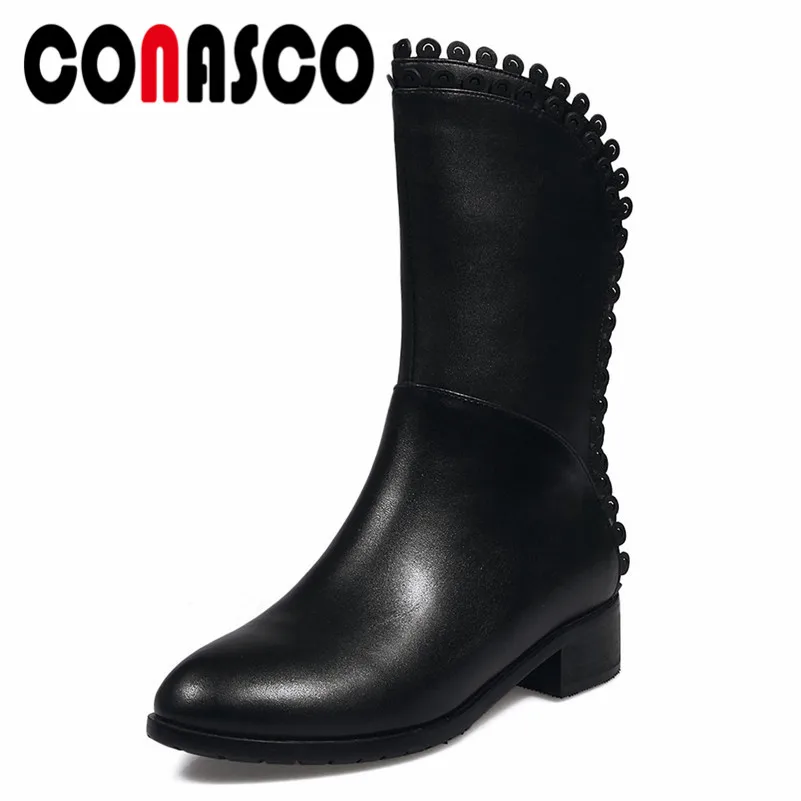 

CONASCO New Arrival Women Genuine Leather Mid-calf Boots Square Heeled Autumn Winter Warm Long Martin Shoes Motorcycle Boots
