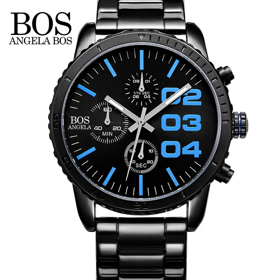 

ANGELA BOS Top Brand Luxury Male Sport Quartz Watch Men Stainless Steel Band Wristwatch Calendar Stopwatch Waterproof Clock