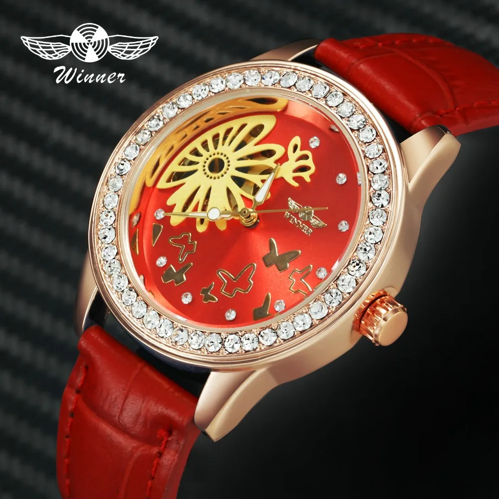 

WINNER Official Vintage Casual Women Watches Mechanical Red Leather Strap Flower Pattern Iced Out Creative Ladies Wrist Watch
