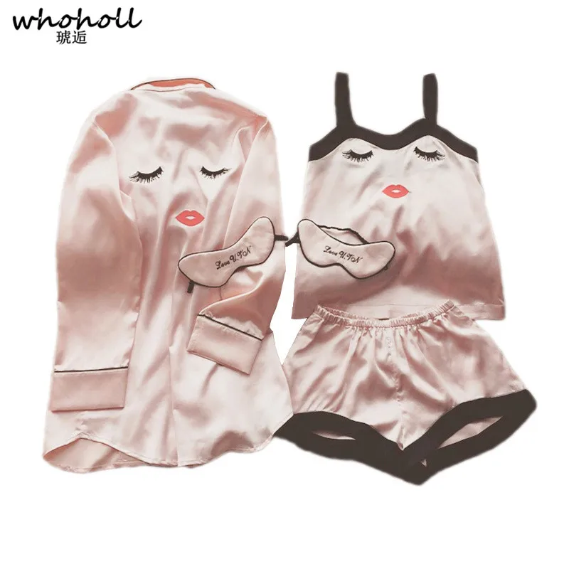 

WHOHOLL Female Cute Sleepwear Set Cartoon Strap Top&Shorts Home Wear Sexy Nightwear 4 Peaces Pajamas Suit Intimate Lingerie