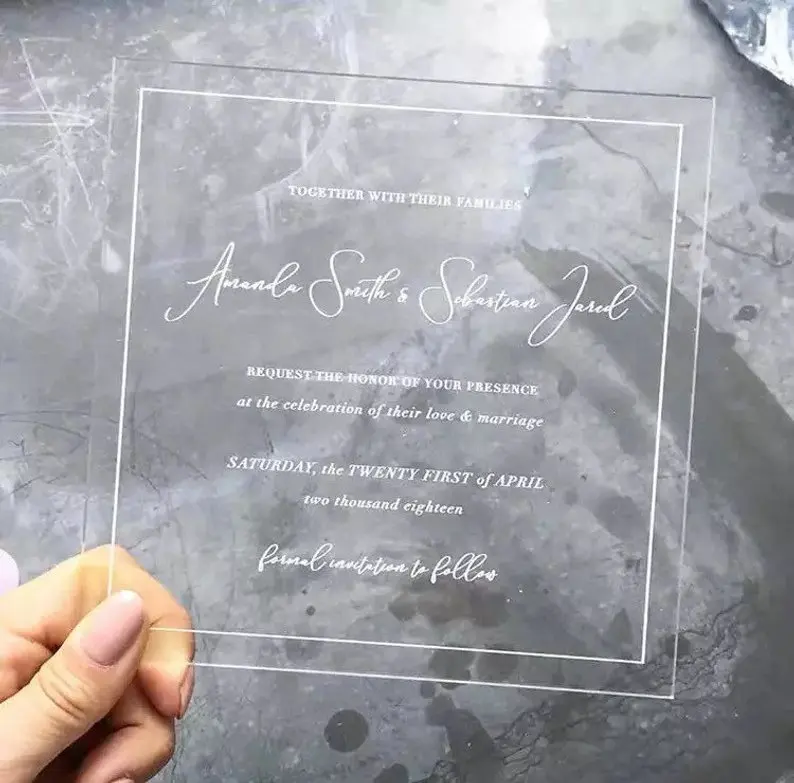 

Acrylic wedding invitations. Clear and personalized custom square print Transparent wedding invitation