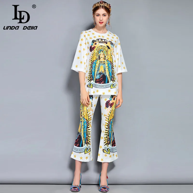 LD LINDA DELLA New 2018 Fashion Runway Suit Set Women's Half Sleeve Pattern Printed Beading Top Vintage Pants Set Suit