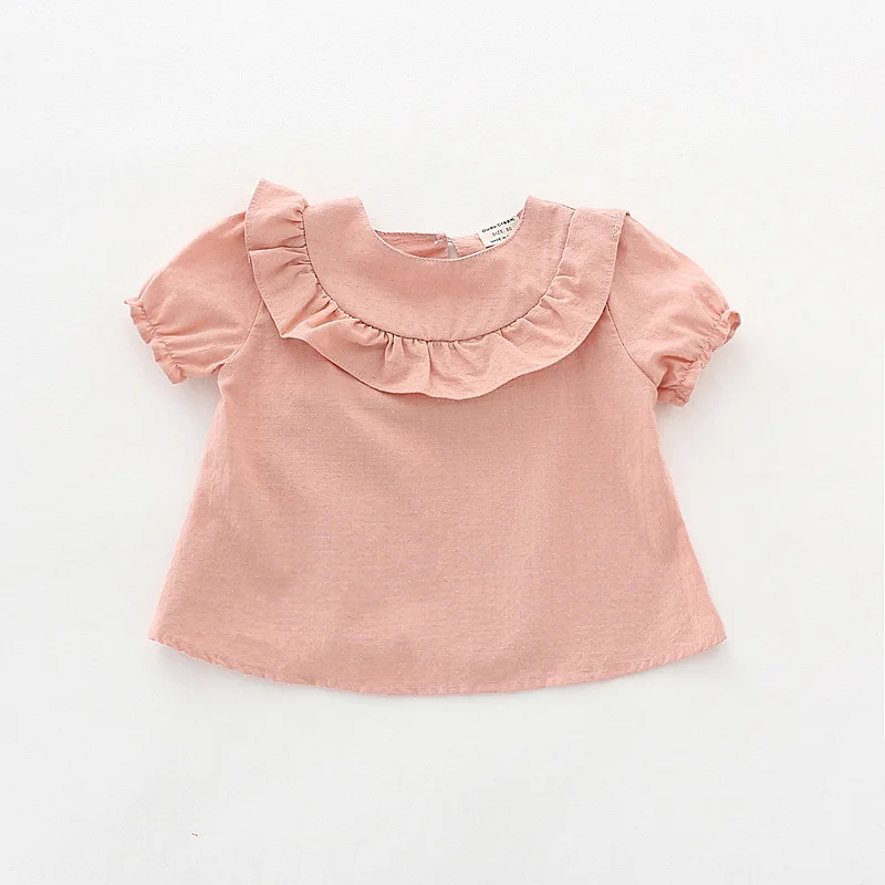 Летняя однотонная блузка с короткими рукавами и рюшами для девочек детская одежда повседневная одежда из чистого хлопка для маленьких девочек От 6 месяцев до 5 лет - Цвет: Розовый