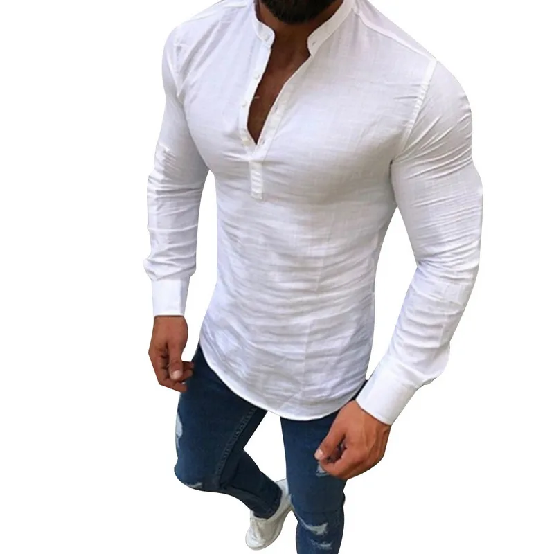 

MoneRffi 2019 Sexy New Men Long Sleeves Blouse Summer Fashion Casual Cool Clothing Slim Fit Tee Tops Male Breathable Linen Shirt