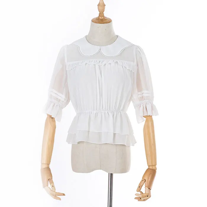 

Sweet Petal Collar Women's Chiffon Top Half Sheer Sleeve Lolita Blouse