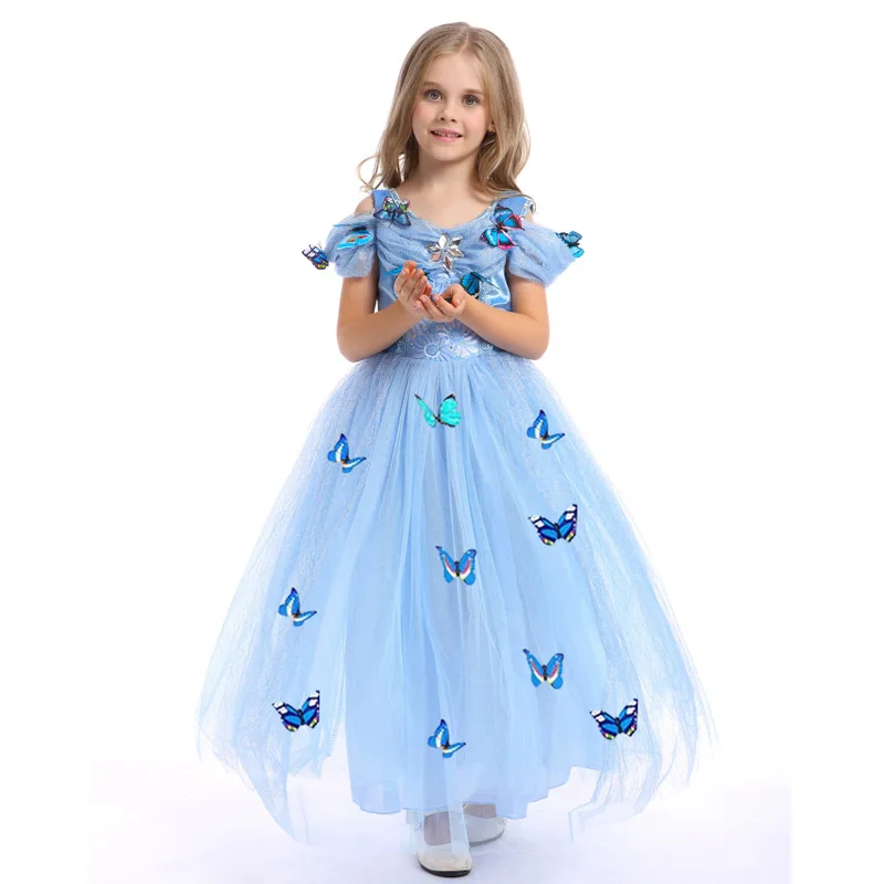 Платье принцессы Золушки для девочек; костюмы для детей; платья для костюмированной вечеринки; Детские Вечерние платья на Хэллоуин и день рождения с 10 бабочками