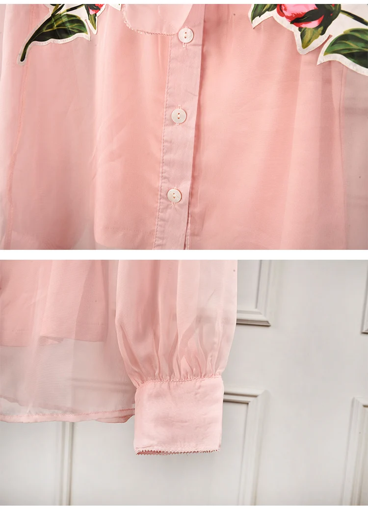 Дизайнерские Роскошные Рубашки для женщин с принтом роз, прозрачные розовые шифоновые блузки, топы