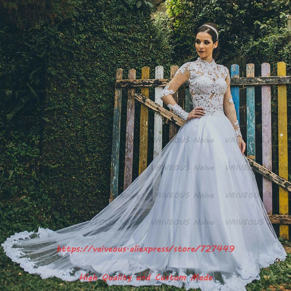 Vestidos de noiva manga longa Прозрачное платье невесты сексуальное свадебное платье с высоким воротом и длинными рукавами аппликации свадебное платье с бисером