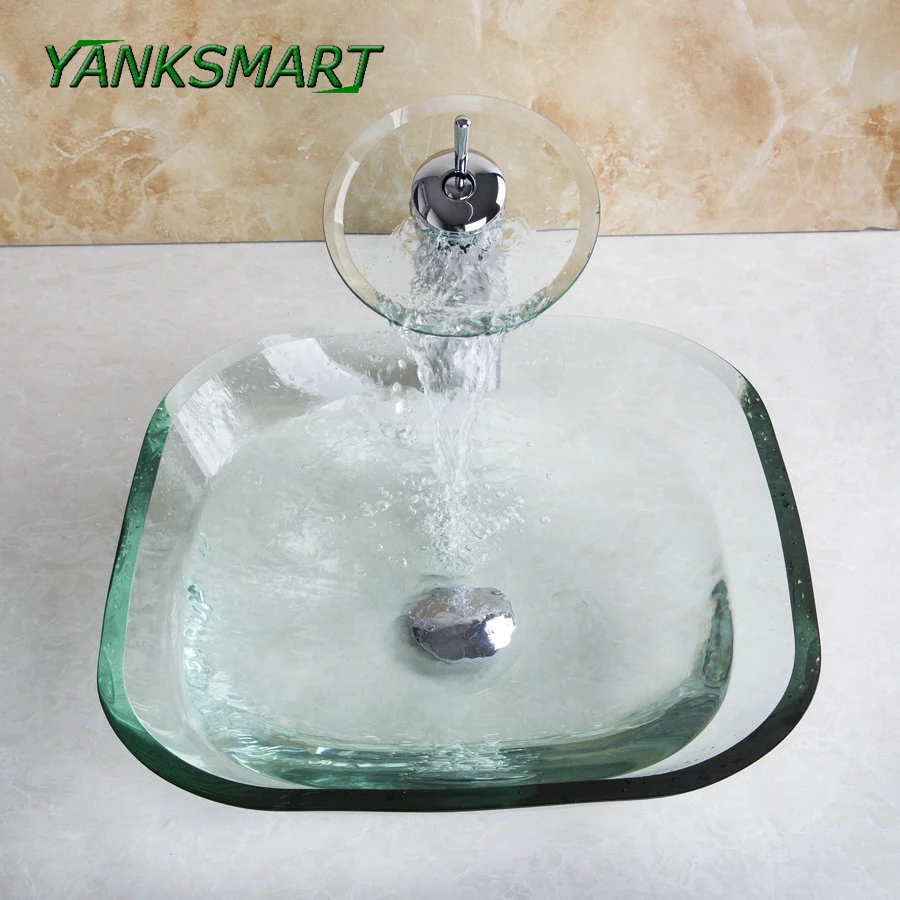 Yanksmart Bathroom Square Transparent Washbasin Clear Tempered