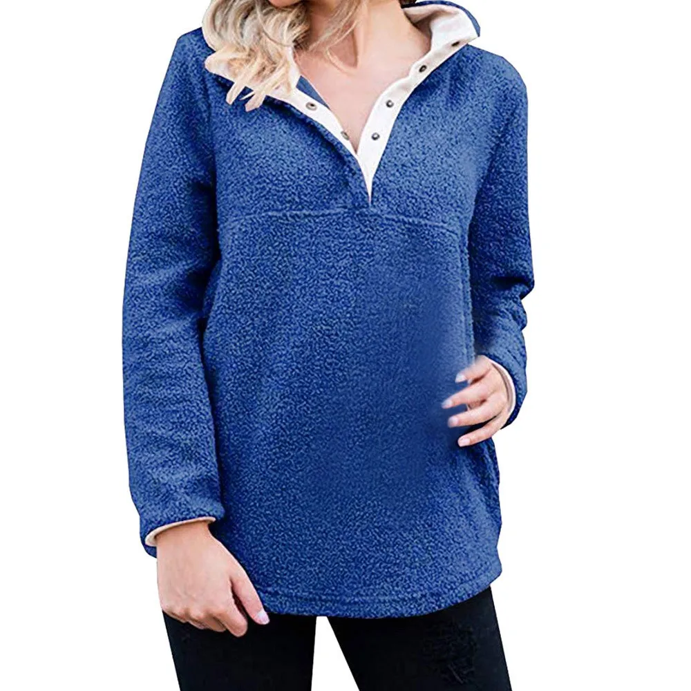 

Womens Long Sleeve Sherpa Pullover Button Down Fleece Casual Sweatshirt Tops Fashion ladies solid color hoodies womens clothes